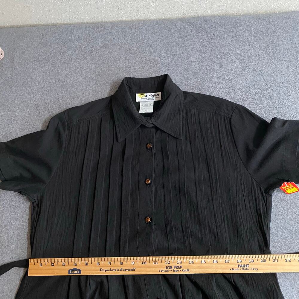 Vtg 80s 90s Two Potato Button Down Tie Back Short Sleeve Maxi Dress XS Black NOS - Picture 13 of 16